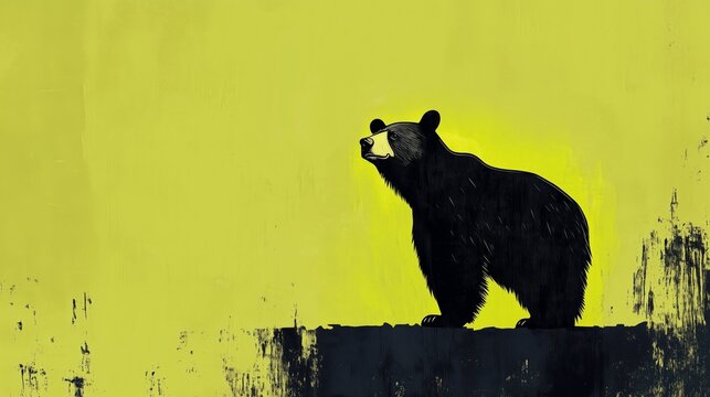 Black bear standing on a textured green background in minimalist black and white drawing style with bold contrast and ample copy space