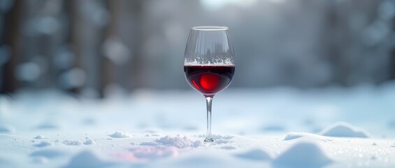 A glass of red wine in the snow