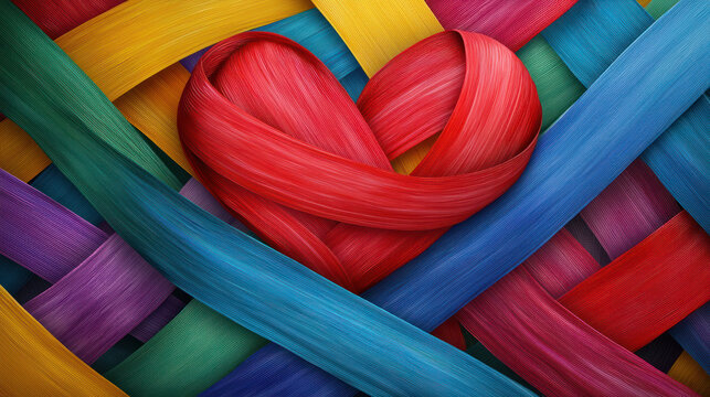An Abstract depiction of overlapping ribbons forming heart, vibrant colors promoting health awareness and unity