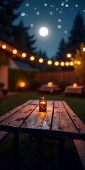 A serene outdoor setting with a picnic table, string lights, and a full moon