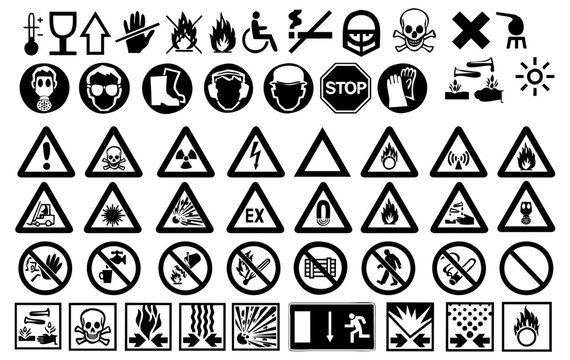 Essential Safety Symbols: A comprehensive collection of essential safety symbols, presented in a crisp, clear, high-contrast black and white format for immediate visual communication.