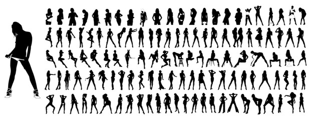 Dynamic Silhouettes: A captivating collection of dancing female figures, each a unique silhouette, showcasing a spectrum of elegant and expressive poses in rhythmic artistry.