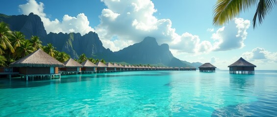 Obraz premium Tropical paradise with crystal-clear waters and thatched-roof bungalows
