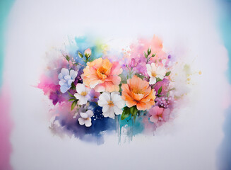 A vibrant watercolor bouquet of blossoms in soft peach, white, and lilac hues against a dreamy, pastel background.  The paint splatters add a dynamic feel.
