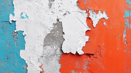 Peeling paint on a textured wall, blue, white, and orange hues. Ideal for grunge, urban, or abstract designs, evokes feelings of age and decay.