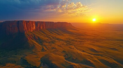 Golden sunset illuminates a majestic cliff face and arid landscape, creating a stunning panorama