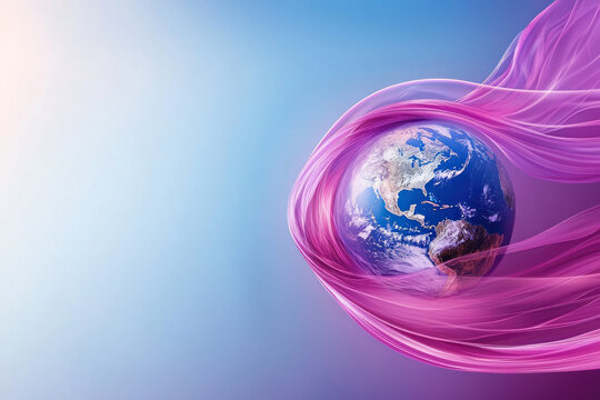 A Hands gently holding globe encircled by flowing translucent purple ribbon, symbolizing awareness and unity