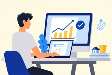 Focused Young Man Analyzing Business Progress on Dual Computer Screens with Positive Growth Charts and a Cozy Workspace Setting