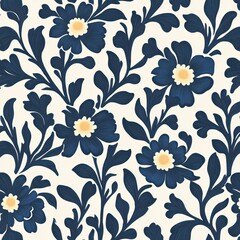 Floral Seamless Pattern in Navy Blue and White with Modern Minimalist Design