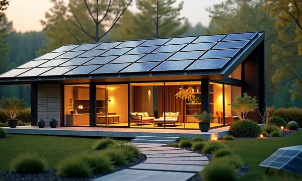 Miniature House Model with Solar Panel Displayed as Clean Energy and Sustainable Living Concept