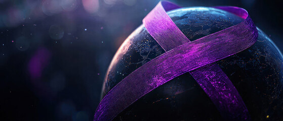A Stylized globe with bold graphic purple cancer awareness ribbon wrapped around it, clean and modern design