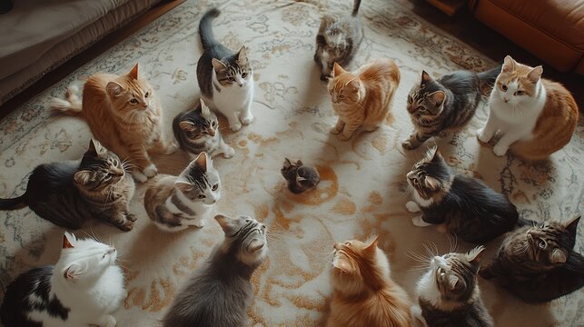 A circle of curious cats in a living room staring down at something small and intriguing