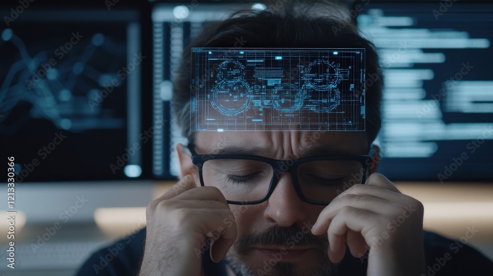 Aufkleber Man in Glasses with Stressful Expression While Analyzing Digital Data on Multiple Computer Screens in a Modern Office Environment