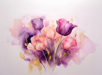 A watercolor painting of tulips in soft pink and purple hues against a dreamy, abstract background.  The colors blend seamlessly, creating a romantic and delicate atmosphere.