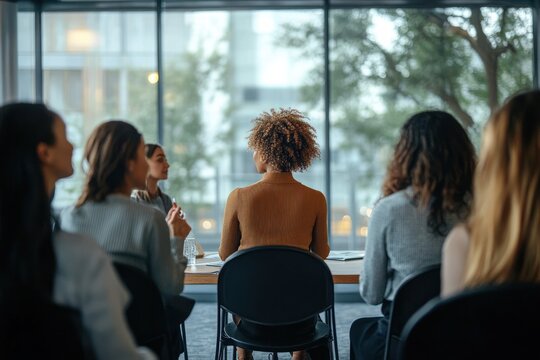 Diverse Women Professionals Engaging in Collaborative Learning in Modern Office Meeting