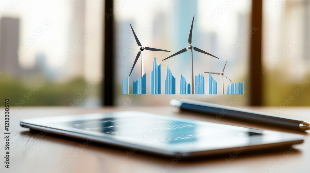 Poster innovative technology for sustainable energy management featuring wind turbines and data visualizati