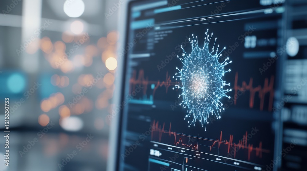 Poster detailed visualization of a digital medical interface featuring data analysis, network structures, a