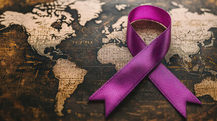 A World map silhouette with large purple cancer awareness ribbon overlay, soft focus background evokes hope and unity