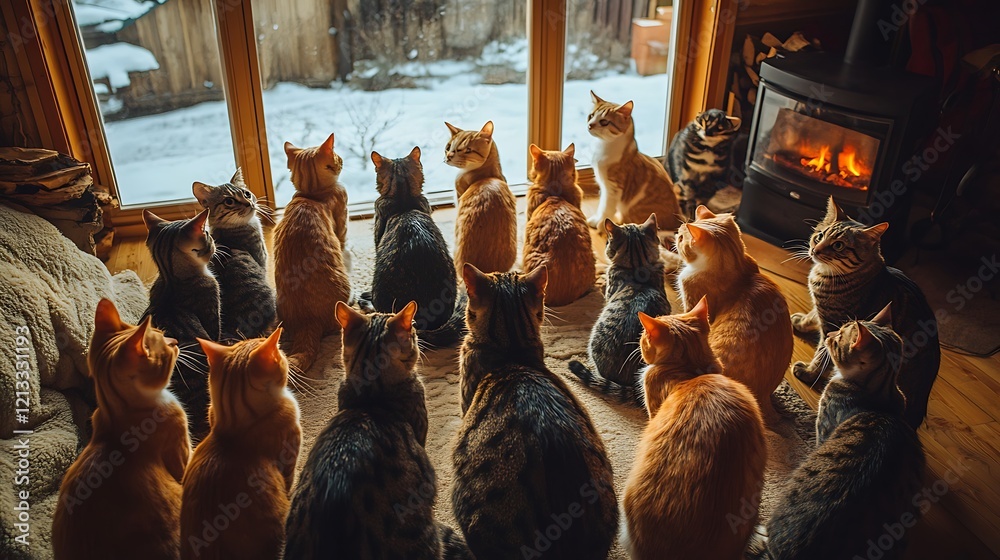 Wall mural curious cats gathered in a circle staring at something beneath them in a cozy living room