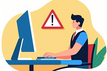 Professional Man at Computer Displaying Warning Sign with Alert Symbol for Cybersecurity Awareness, Internet Safety, and Digital Vigilance