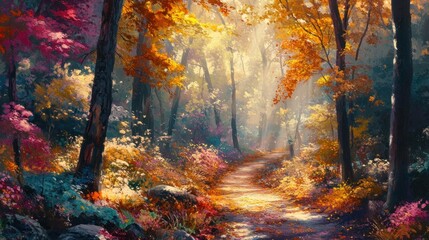 Autumnal forest path, sunlit, vibrant foliage, magical scene, nature wallpaper