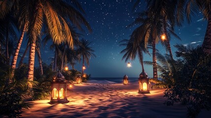 Enchanting Night on a Tropical Beach Palm Trees, Lanterns, and Starry Sky