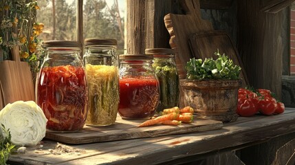 A rustic scene with jars of homemade pickled vegetables, sauerkraut, and hot sauce, set on a weathered table with a cutting board and fresh produce
