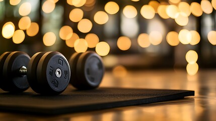 Dumbbells Resting on Mat with Bokeh Lights
