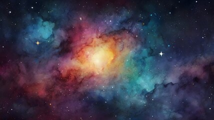 Obraz premium Vector cosmic watercolor illustration. Colorful space background with stars