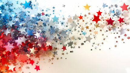 Colorful stars in red, blue, and silver cascade across a white background for celebration. Silver Cascade. Illustration
