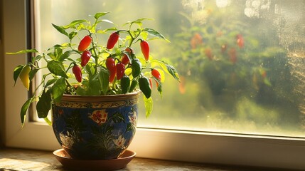 A vibrant chili plant in a decorative pot, with clusters of red and green chilies growing under sunlight on a windowsill