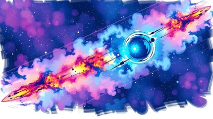 Fototapeta premium A hand-drawn, color sketchnote style illustration of a beautiful, realistic vector space scene featuring a blue nebula, rendered in electric vivid colors with rough lines