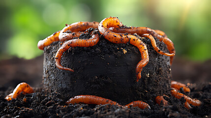 Fototapeta premium Earthworms on soil outdoors, close-up, bait