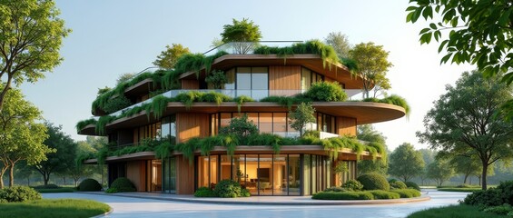 Fototapeta premium A modern, eco-friendly building with lush greenery and a serene atmosphere