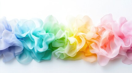 Fototapeta premium Colorful rainbow chiffon fabric arranged in soft waves on a white studio background.