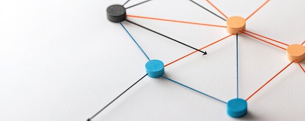 Abstract representation of network connections with colorful nodes and lines on a white background.