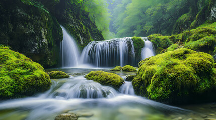 Fototapeta premium Silky silver waters cascade over moss-covered rocks, enveloping the valley in a serene mist that mingles with ancient. Silver Cascade. Illustration