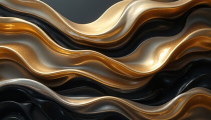 This mesmerizing abstract image features flowing waves of shimmering gold and deep black, creating a captivating visual rhythm. The interplay of light and shadow enhances the luxurious feel, evoking a