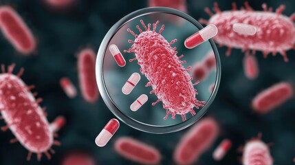 A detailed view of bacteria under a microscope, showcasing their structure and the presence of antibiotics, emphasizing the battle against infection.
