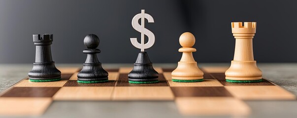 A creative chessboard setup featuring black and beige chess pieces alongside a dollar sign, symbolizing strategy in finance and business.