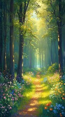 Obraz premium Sunlit Path Through a Magical Forest