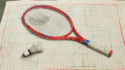 Badminton racket and shuttlecock concept drawn on control paper.