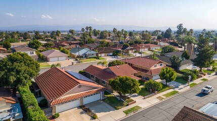 Aerial view of a suburb with houses with solar panels. Focus on sustainability