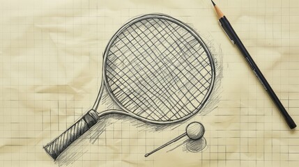 Badminton racket and shuttlecock concept drawn on control paper.