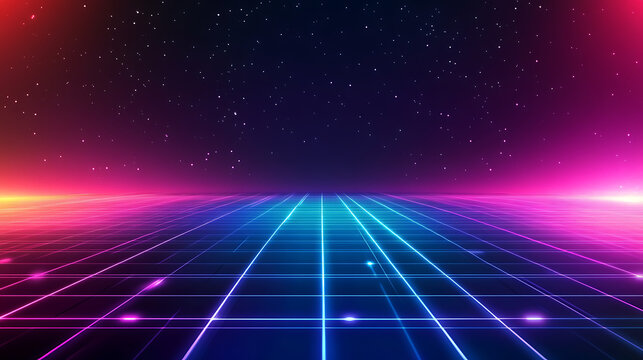 A colorful, neon-lit background with a starry sky