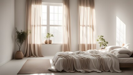 Sunlit minimalist bedroom with beige curtains, a neatly unmade bed, and potted plants.