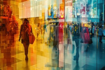 Woman shopping mall reflection vibrant display