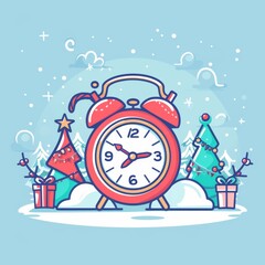 A red alarm clock with a Christmas tree on each side.