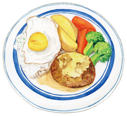 手描き水彩の美味しそうなハンバーグプレートイラスト, Hand-painted Watercolor Delicious Hamburger Steak Plate Illustration