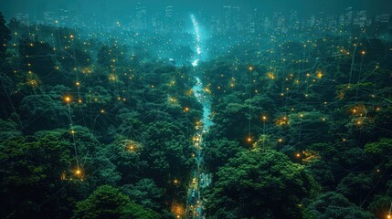 Obraz premium Night Cityscape & Forest Network: A Digital Dawn